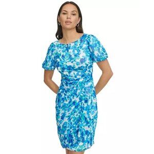 DKNY Blue Green Watercolor Print Chiffon Dress Size 12 Short Bubble Sleeves